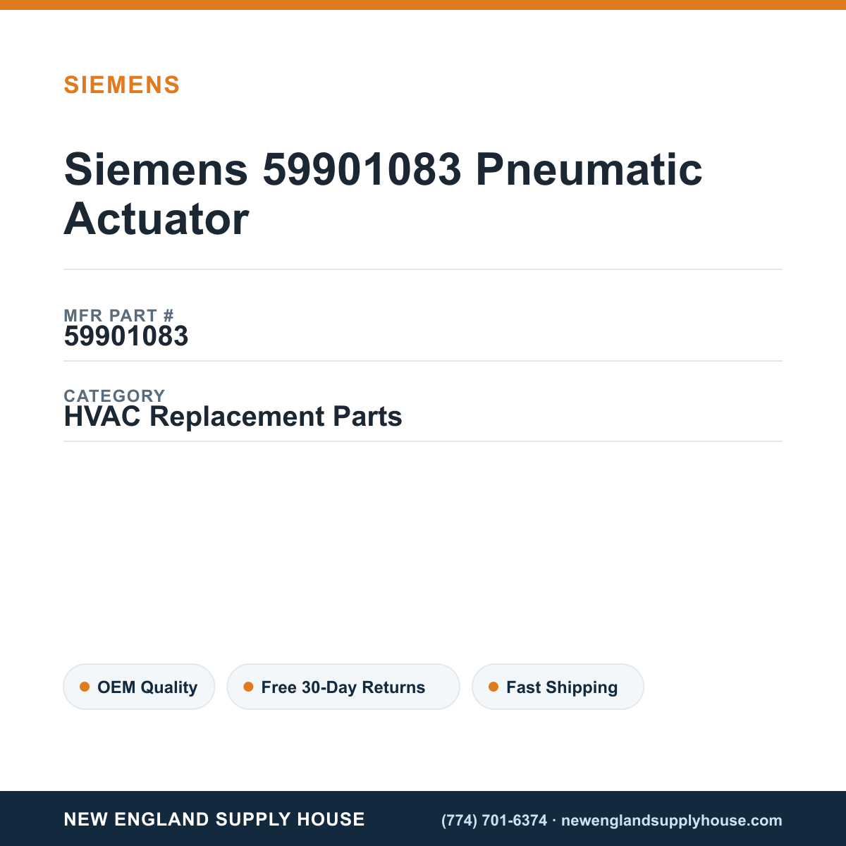 Siemens 59901083 Pneumatic Actuator — New England Supply House spec card [NESH-SPEC-CARD-V2]