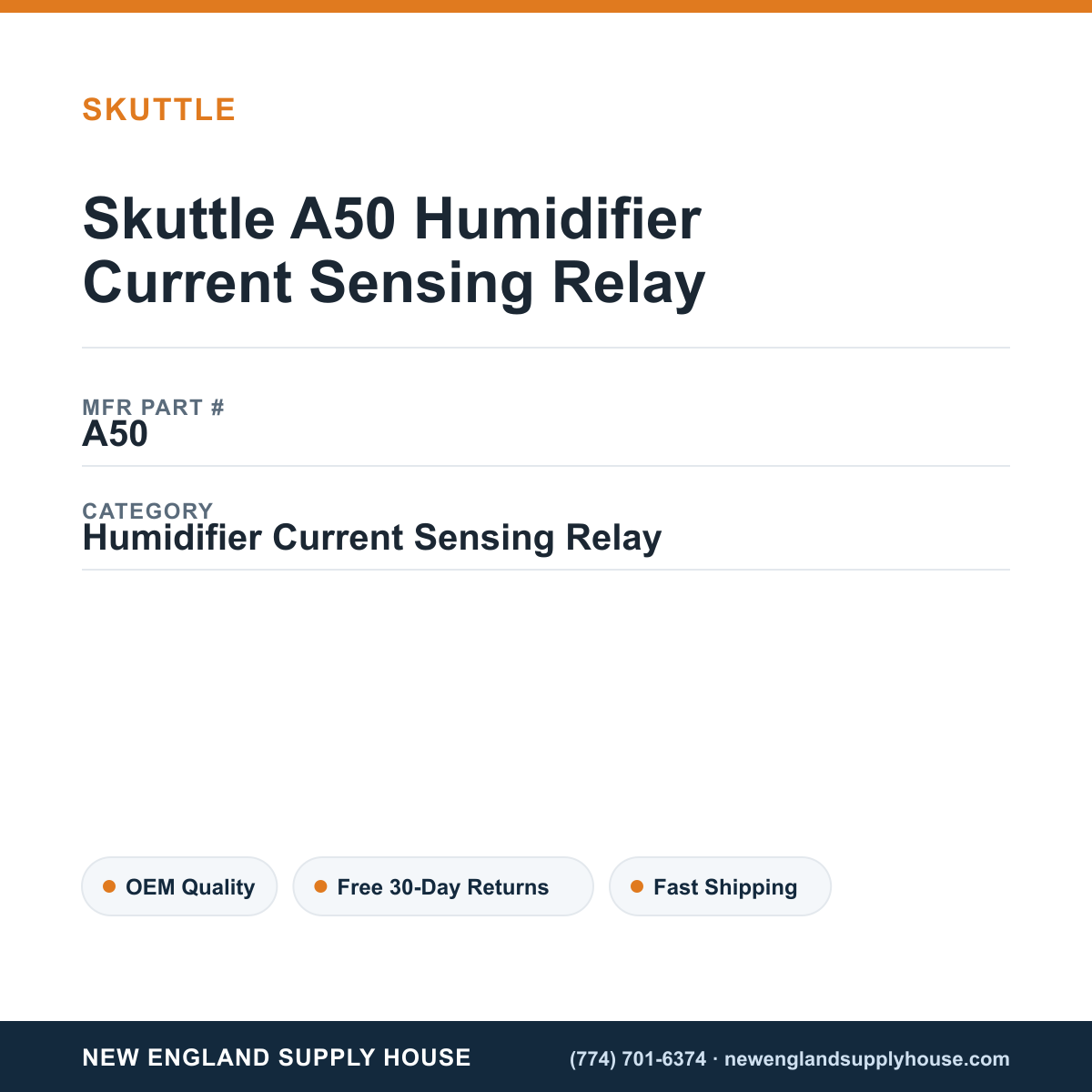 Skuttle A50 Humidifier Current Sensing Relay — New England Supply House spec card [NESH-SPEC-CARD-V2]