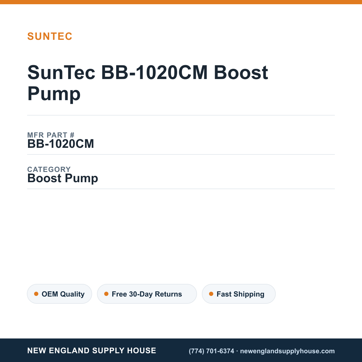 SunTec BB-1020CM Boost Pump — New England Supply House spec card [NESH-SPEC-CARD-V2]