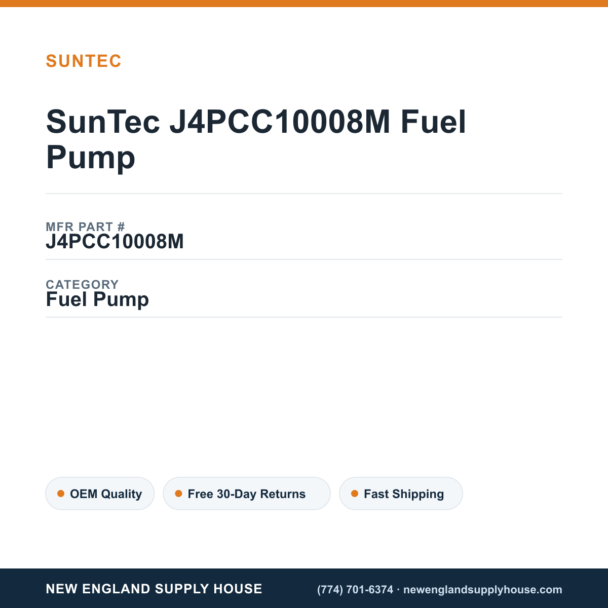 SunTec J4PCC10008M Fuel Pump — New England Supply House spec card [NESH-SPEC-CARD-V2]