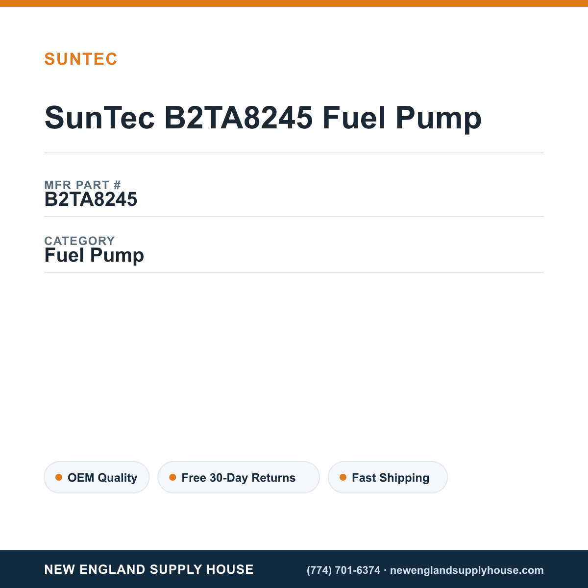 SunTec B2TA8245 Fuel Pump — New England Supply House spec card [NESH-SPEC-CARD-V2]