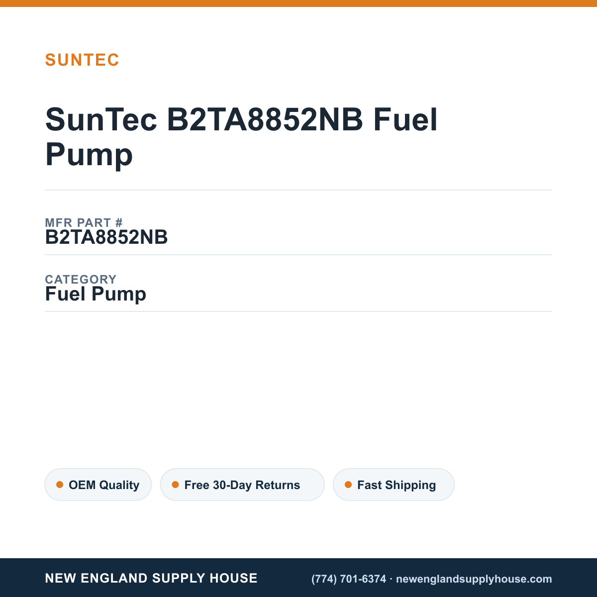 SunTec B2TA8852NB Fuel Pump — New England Supply House spec card [NESH-SPEC-CARD-V2]