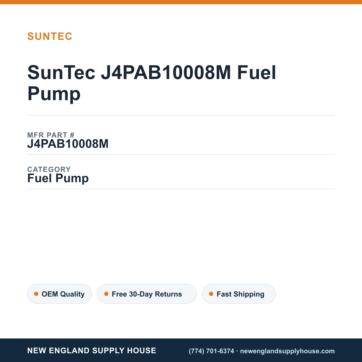 SunTec J4PAB10008M Fuel Pump — New England Supply House spec card [NESH-SPEC-CARD-V2]