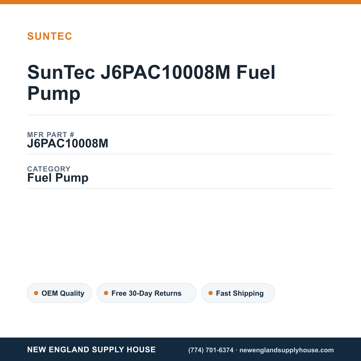 SunTec J6PAC10008M Fuel Pump — New England Supply House spec card [NESH-SPEC-CARD-V2]