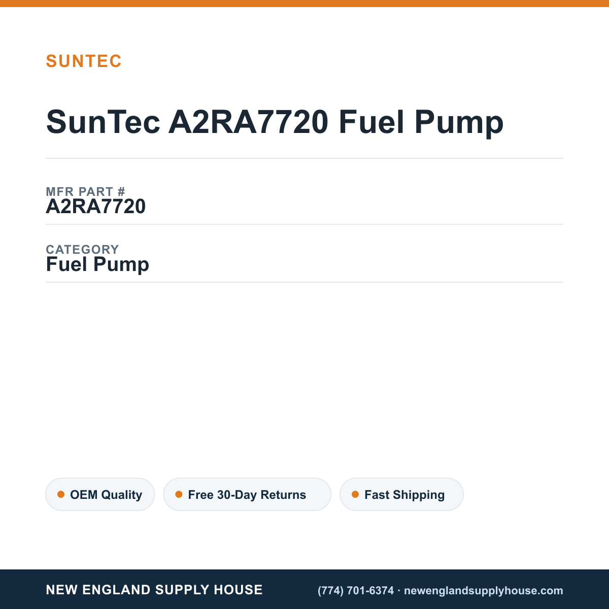 SunTec A2RA7720 Fuel Pump — New England Supply House spec card [NESH-SPEC-CARD-V2]