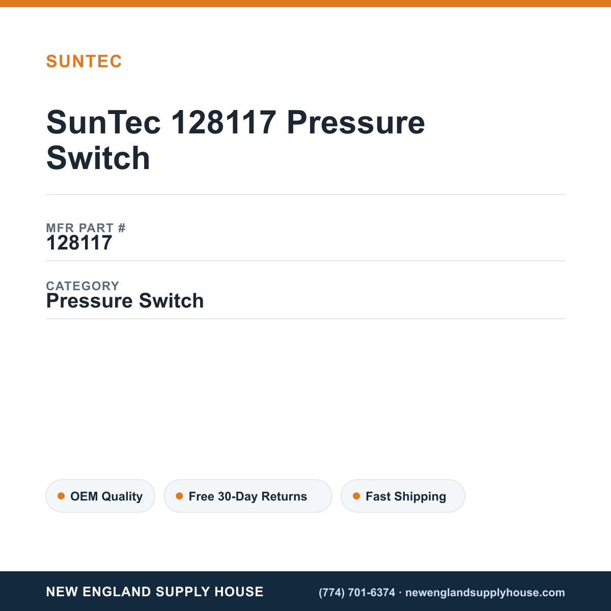 SunTec 128117 Pressure Switch — New England Supply House spec card [NESH-SPEC-CARD-V2]
