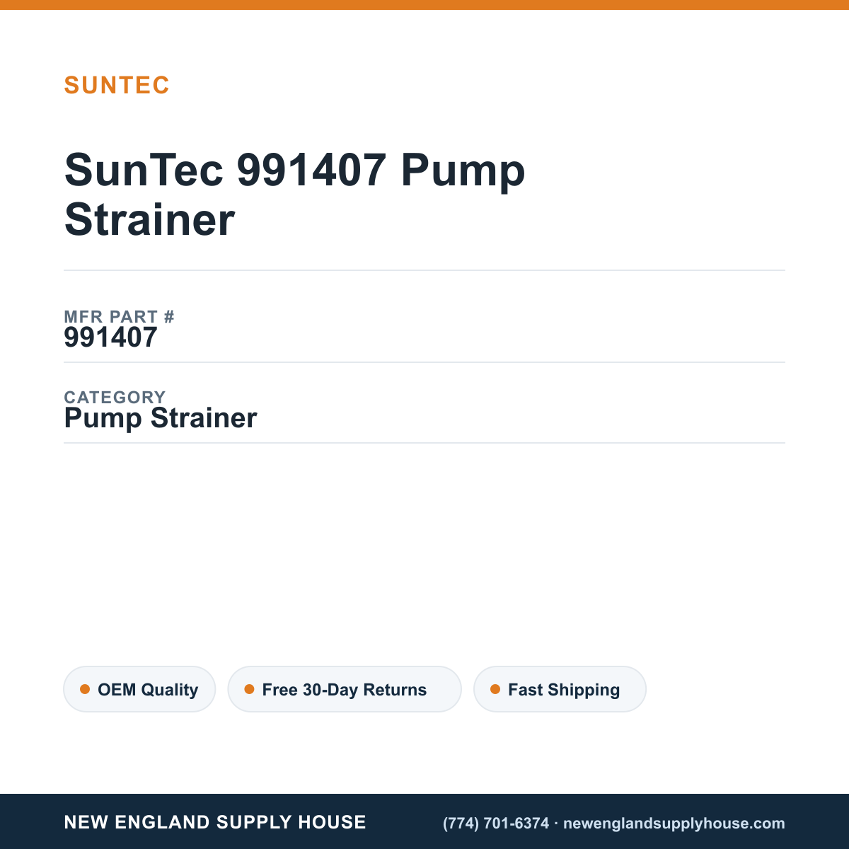 SunTec 991407 Pump Strainer — New England Supply House spec card [NESH-SPEC-CARD-V2]