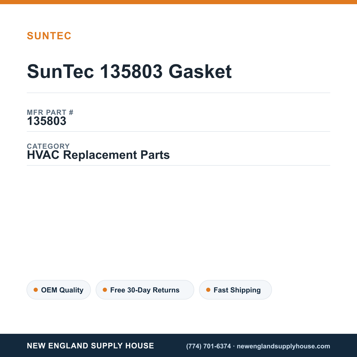SunTec 135803 Gasket — New England Supply House spec card [NESH-SPEC-CARD-V2]