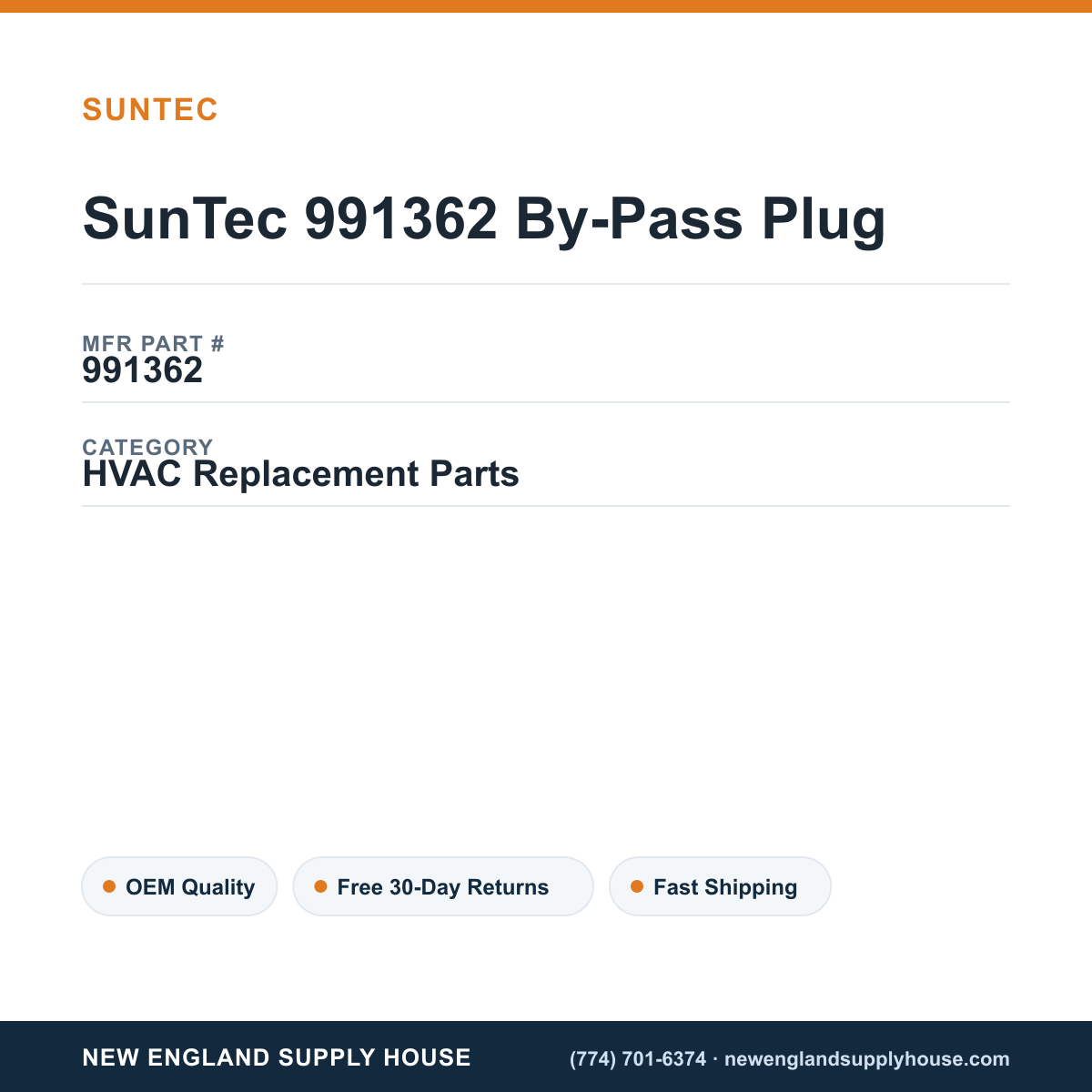 SunTec 991362 By-Pass Plug — New England Supply House spec card [NESH-SPEC-CARD-V2]