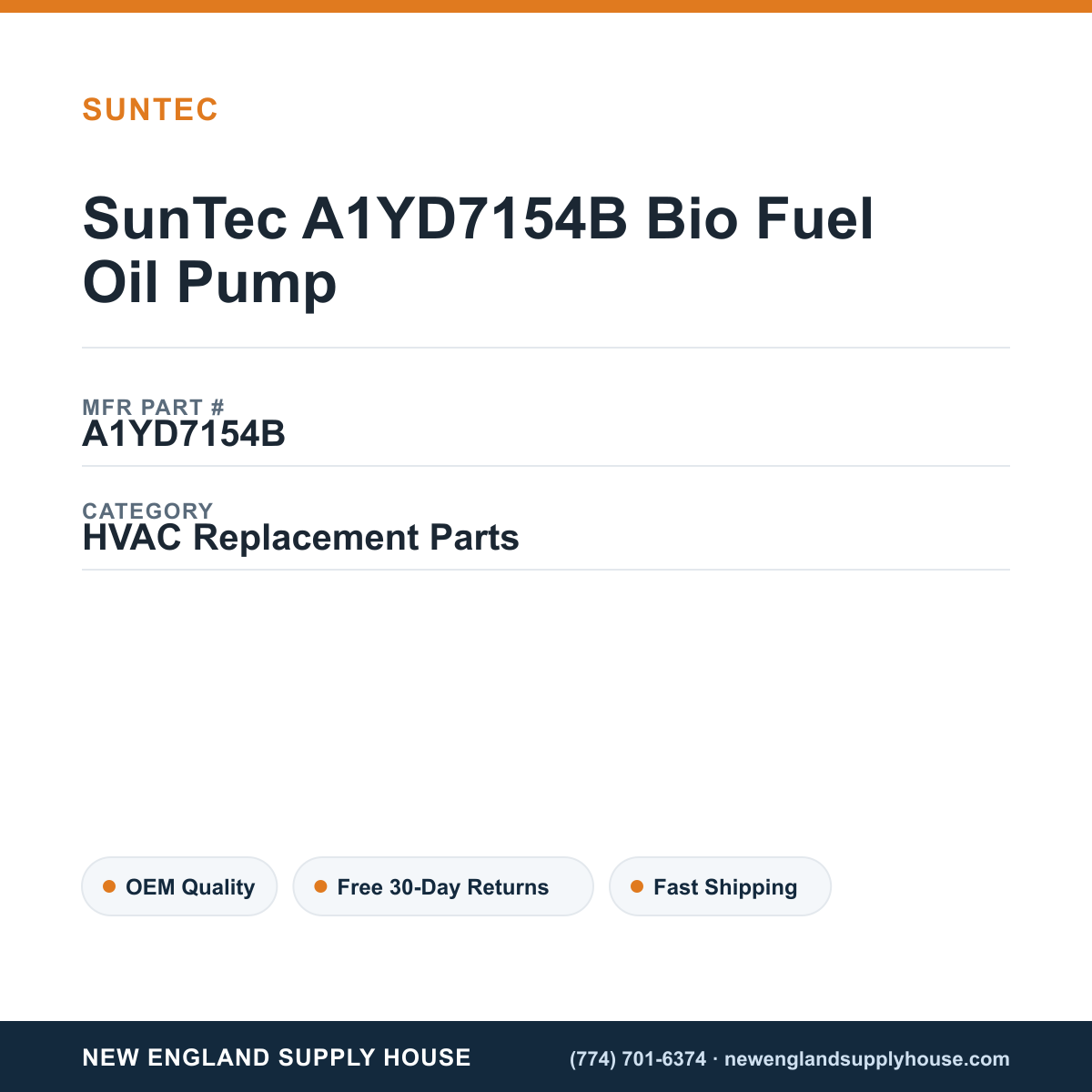 SunTec A1YD7154B Bio Fuel Oil Pump — New England Supply House spec card [NESH-SPEC-CARD-V2]