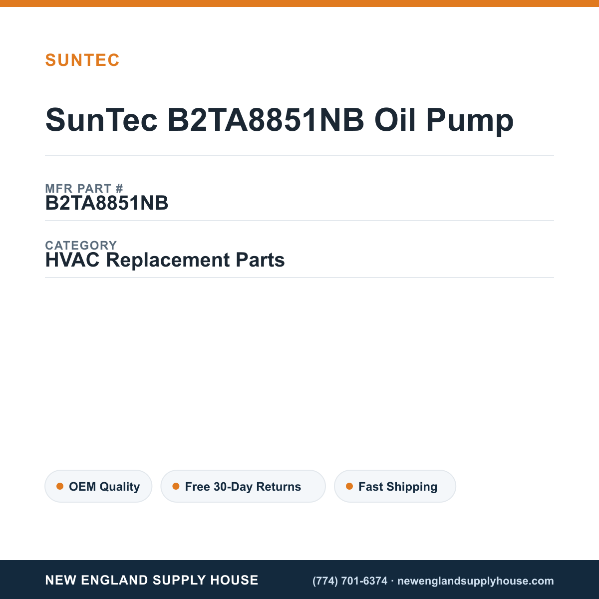 SunTec B2TA8851NB Oil Pump — New England Supply House spec card [NESH-SPEC-CARD-V2]
