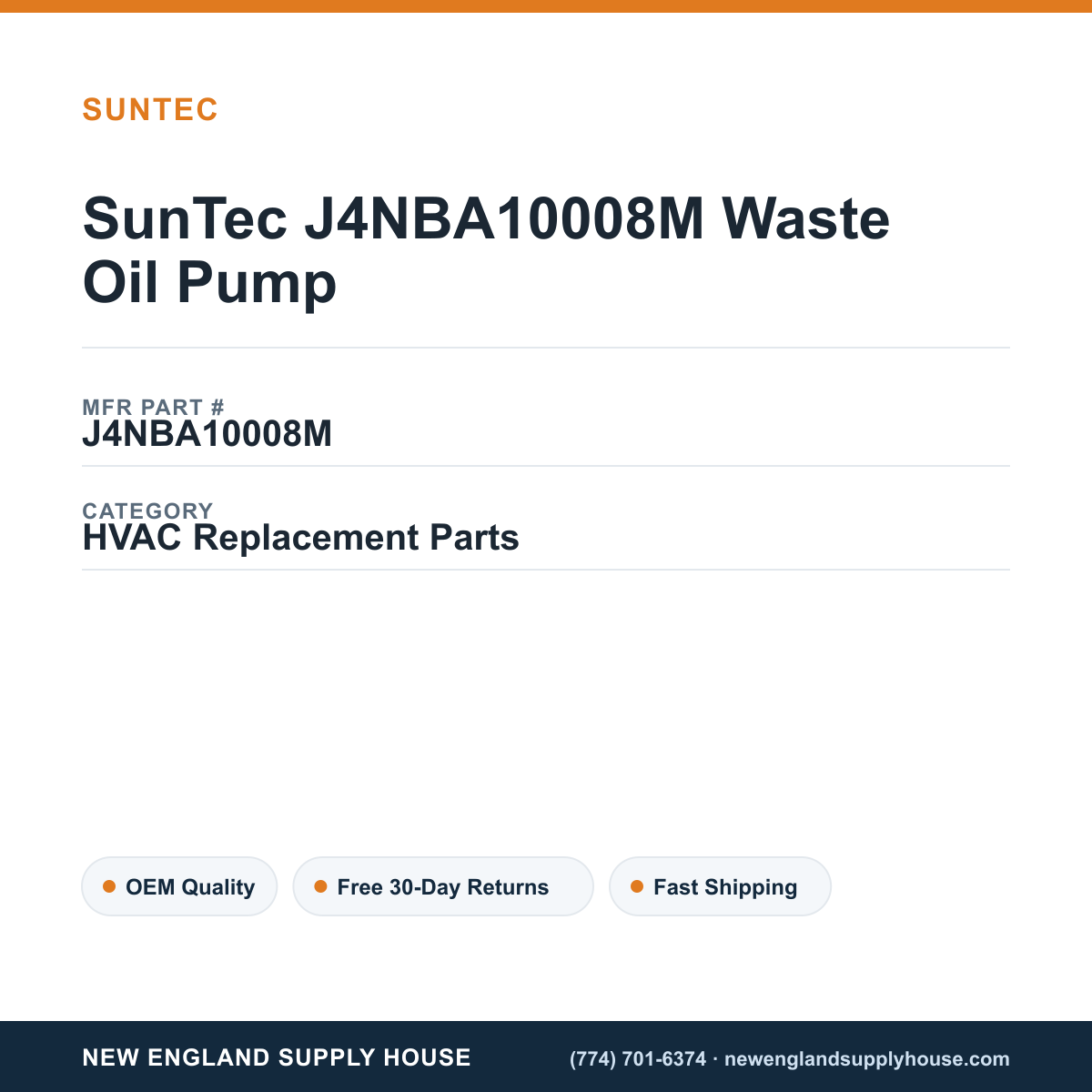 SunTec J4NBA10008M Waste Oil Pump — New England Supply House spec card [NESH-SPEC-CARD-V2]