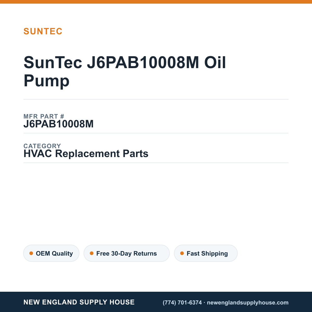 SunTec J6PAB10008M Oil Pump — New England Supply House spec card [NESH-SPEC-CARD-V2]