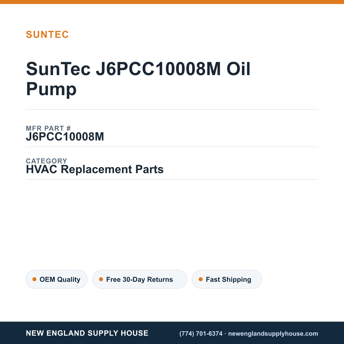 SunTec J6PCC10008M Oil Pump — New England Supply House spec card [NESH-SPEC-CARD-V2]