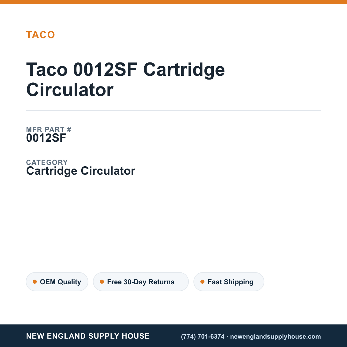 Taco 0012SF Cartridge Circulator — New England Supply House spec card [NESH-SPEC-CARD-V2]
