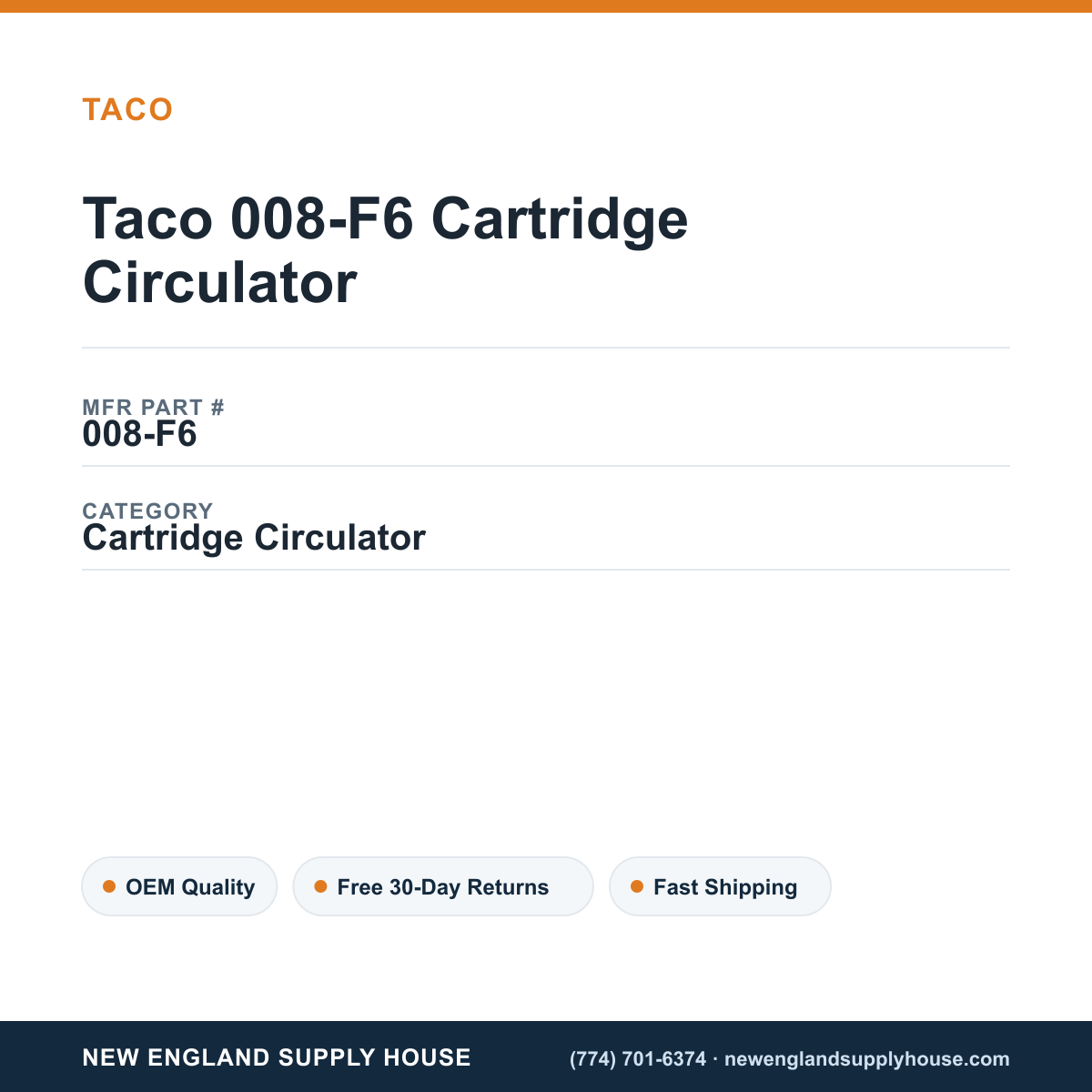 Taco 008-F6 Cartridge Circulator — New England Supply House spec card [NESH-SPEC-CARD-V2]