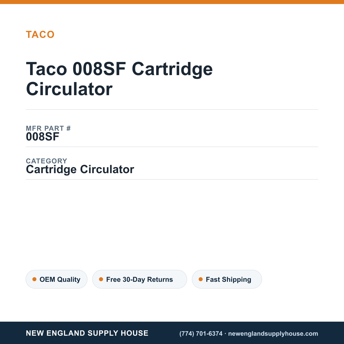 Taco 008SF Cartridge Circulator — New England Supply House spec card [NESH-SPEC-CARD-V2]
