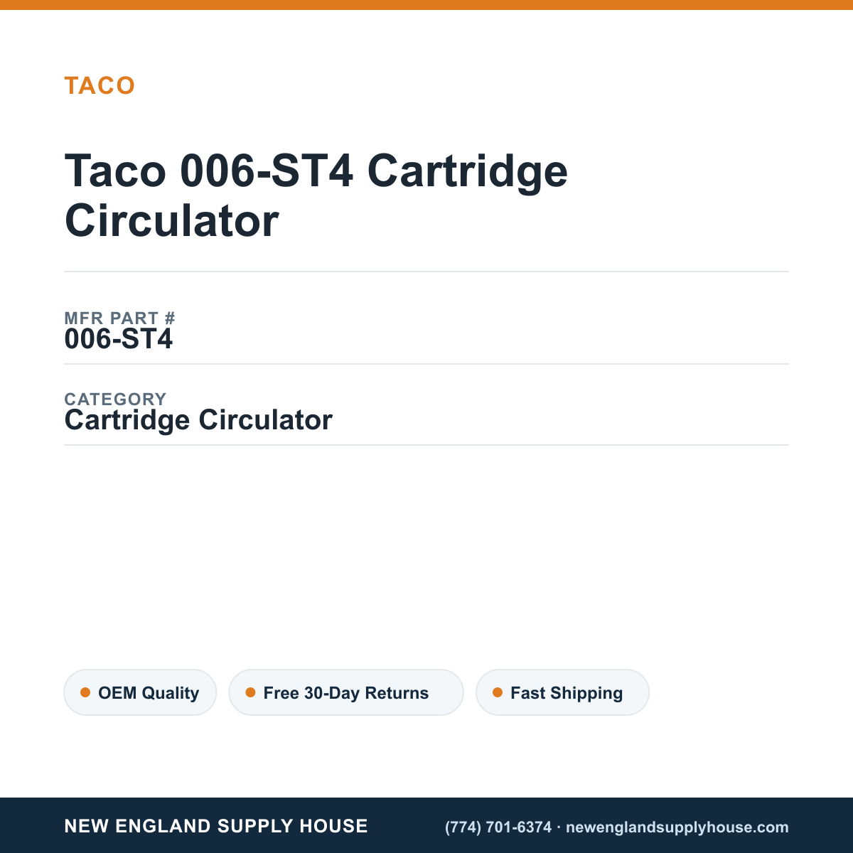 Taco 006-ST4 Cartridge Circulator — New England Supply House spec card [NESH-SPEC-CARD-V2]