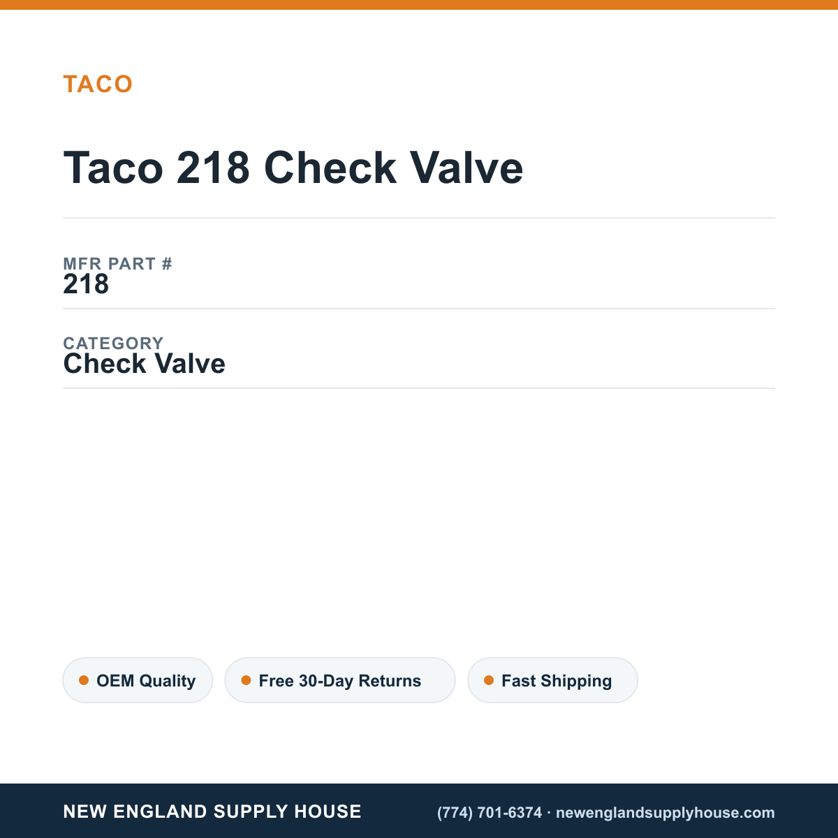Taco 218 Check Valve — New England Supply House spec card [NESH-SPEC-CARD-V2]