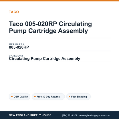 Taco 005-020RP Circulating Pump Cartridge Assembly — New England Supply House spec card [NESH-SPEC-CARD-V2]