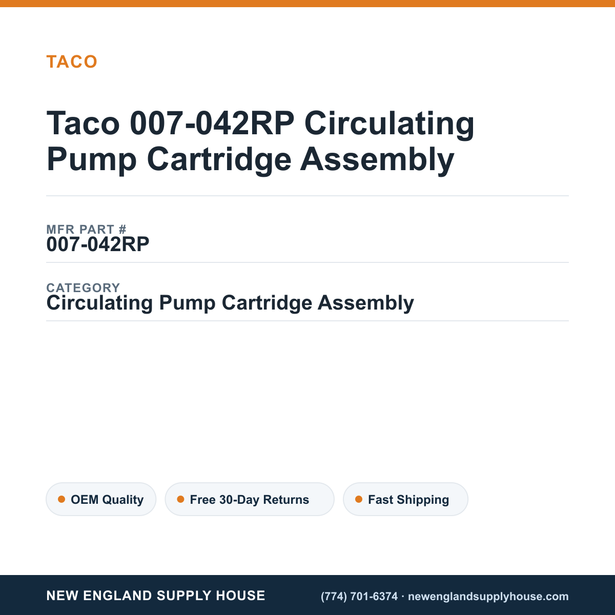 Taco 007-042RP Circulating Pump Cartridge Assembly — New England Supply House spec card [NESH-SPEC-CARD-V2]