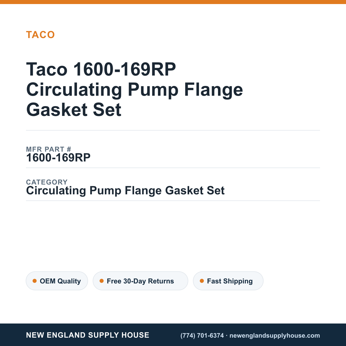 Taco 1600-169RP Circulating Pump Flange Gasket Set — New England Supply House spec card [NESH-SPEC-CARD-V2]