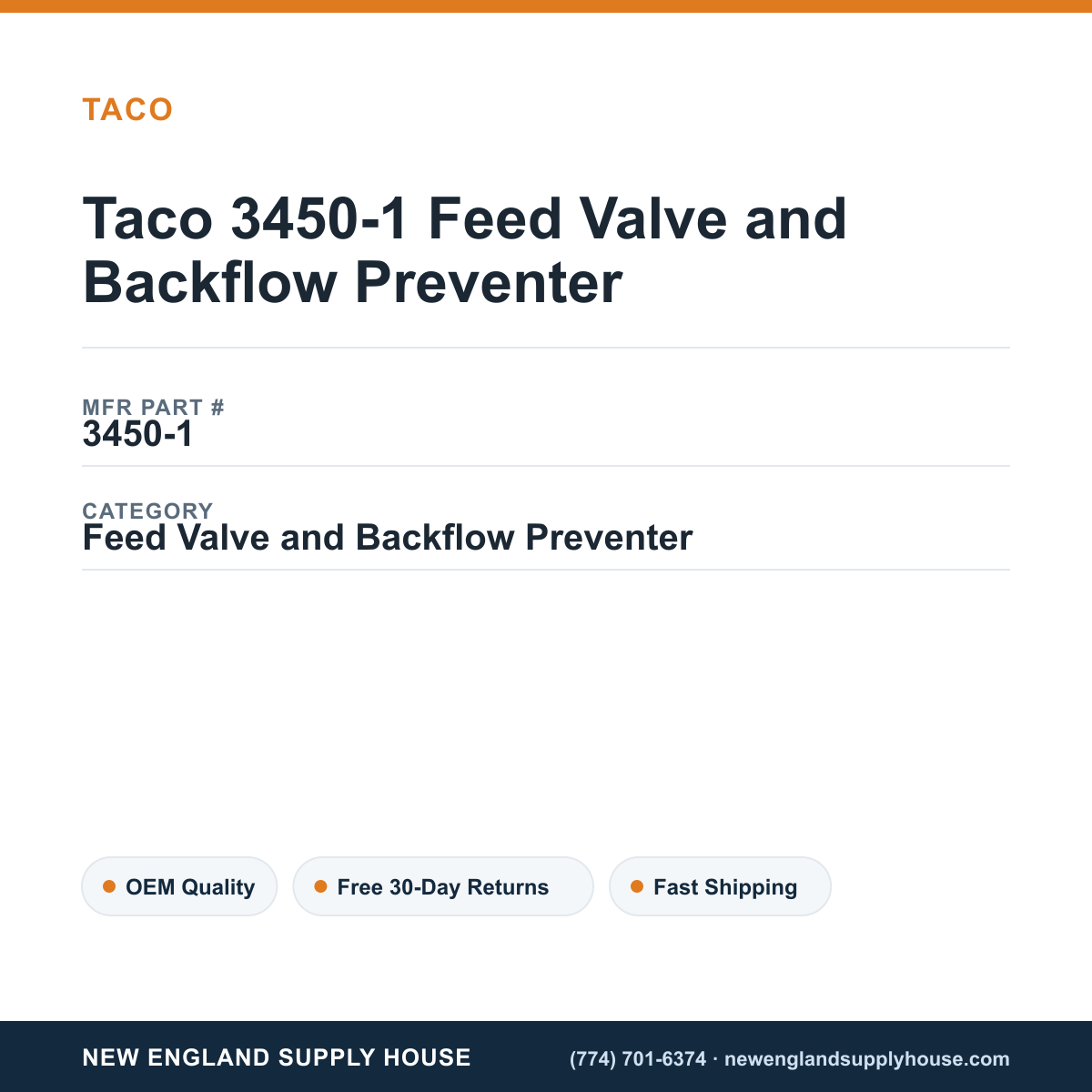 Taco 3450-1 Feed Valve and Backflow Preventer — New England Supply House spec card [NESH-SPEC-CARD-V2]