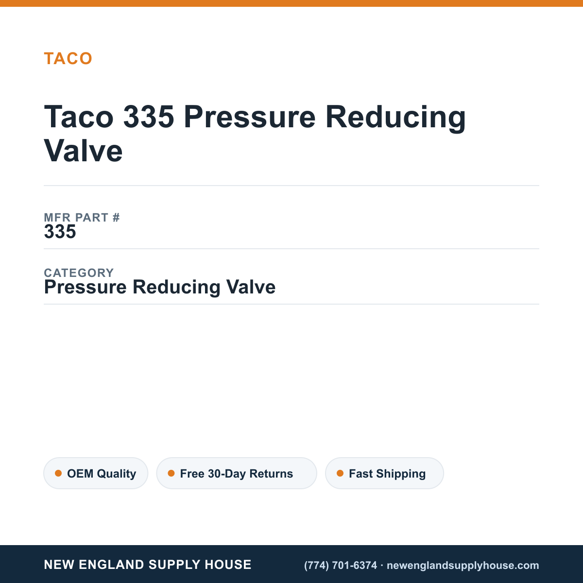 Taco 335 Pressure Reducing Valve — New England Supply House spec card [NESH-SPEC-CARD-V2]