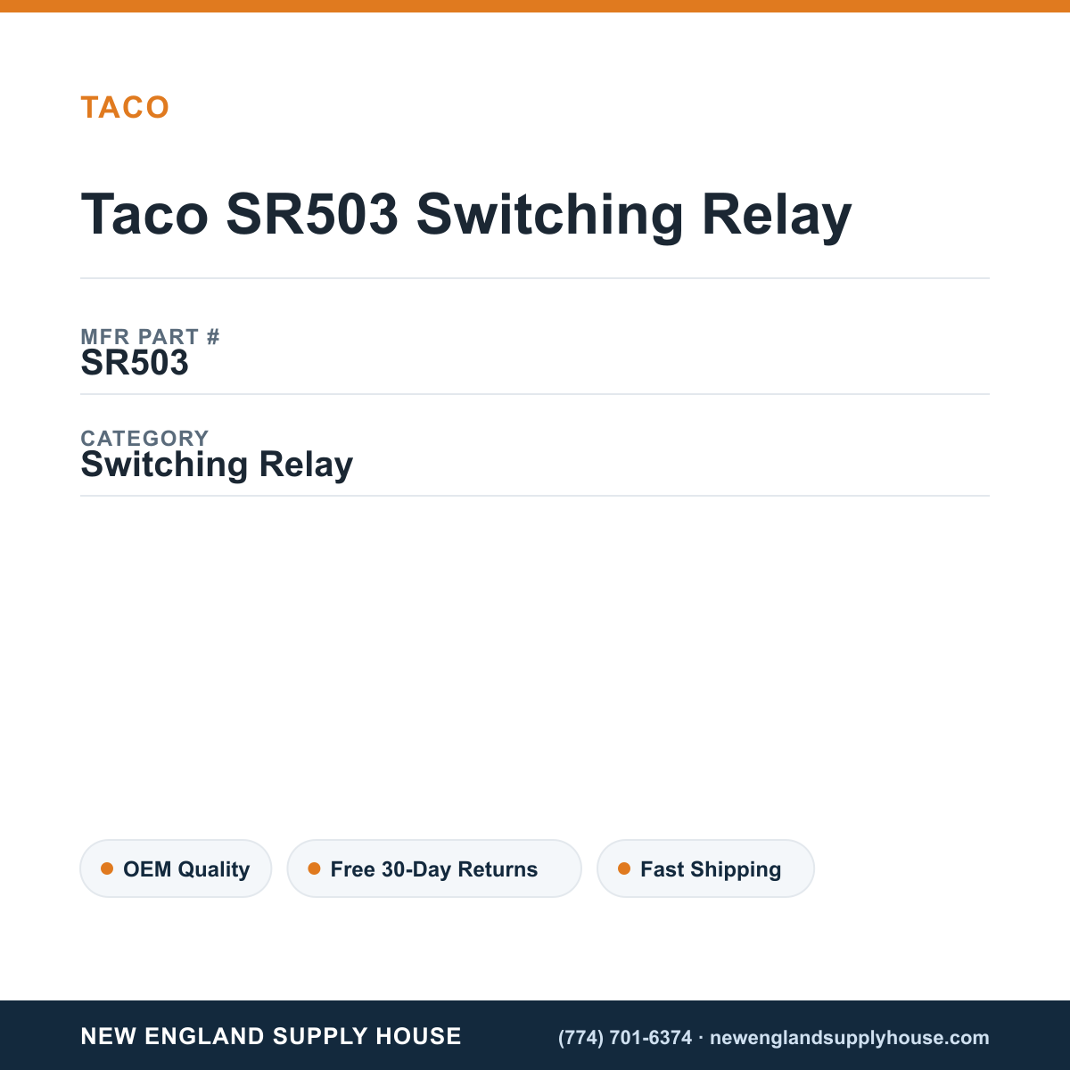 Taco SR503 Switching Relay — New England Supply House spec card [NESH-SPEC-CARD-V2]