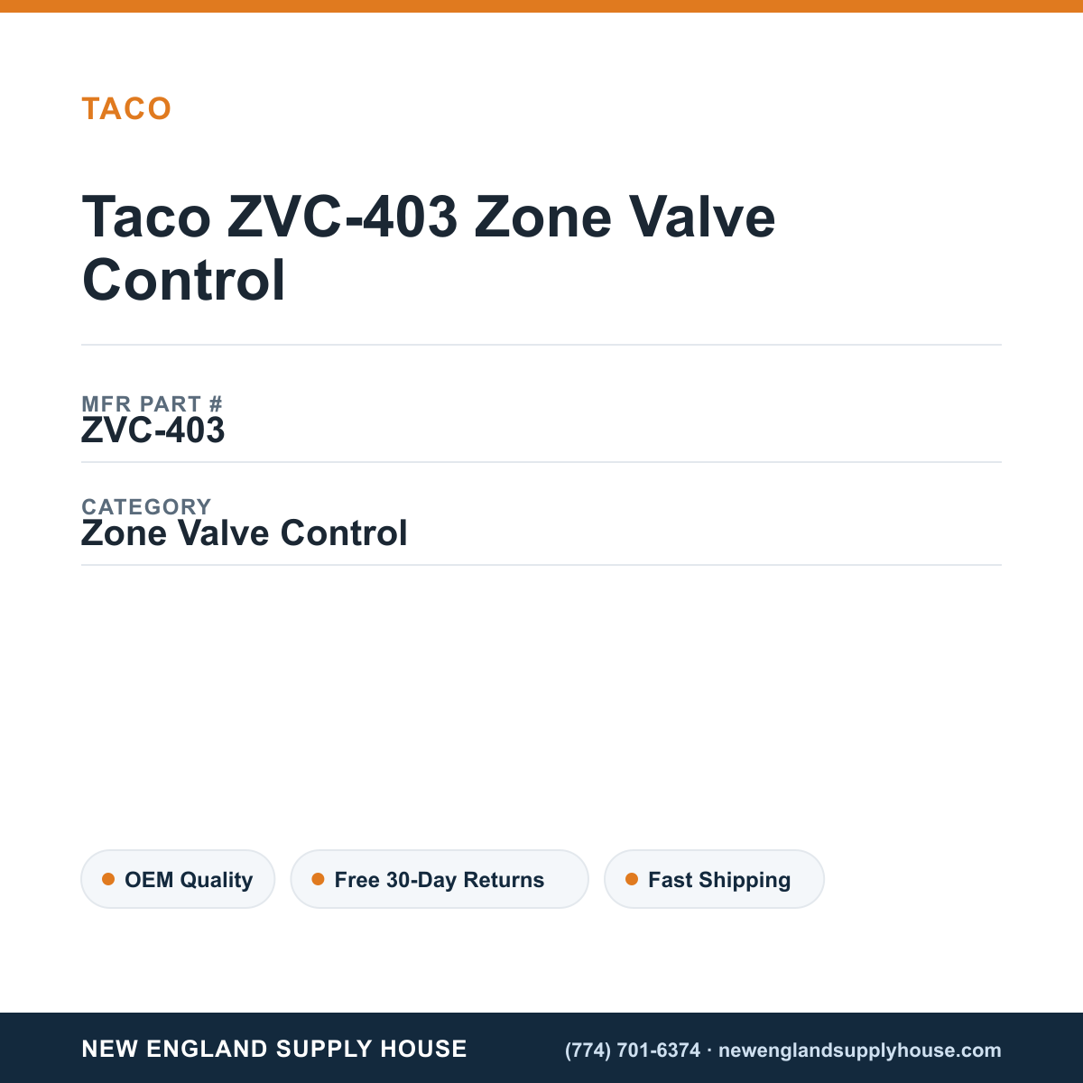 Taco ZVC-403 Zone Valve Control — New England Supply House spec card [NESH-SPEC-CARD-V2]