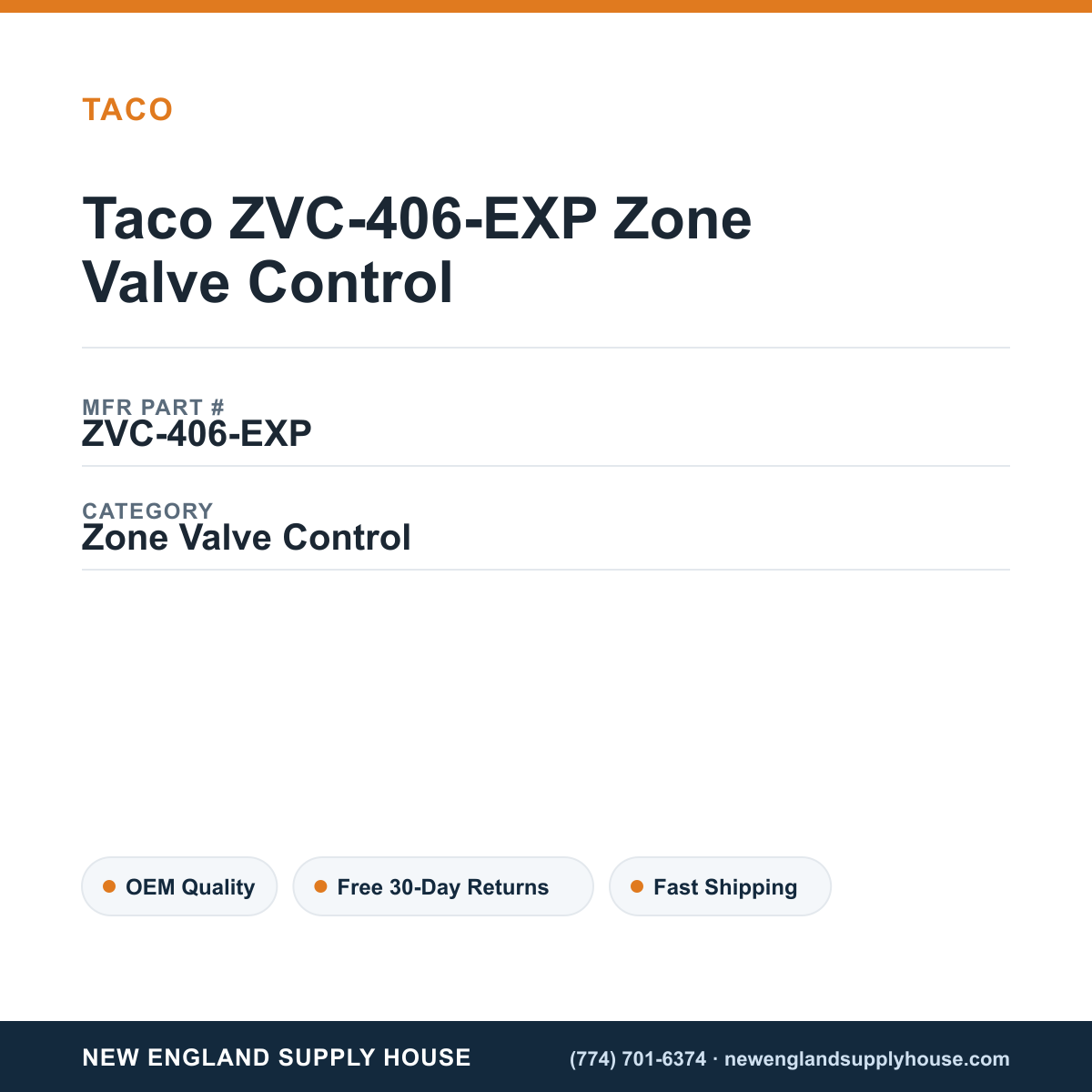 Taco ZVC-406-EXP Zone Valve Control — New England Supply House spec card [NESH-SPEC-CARD-V2]