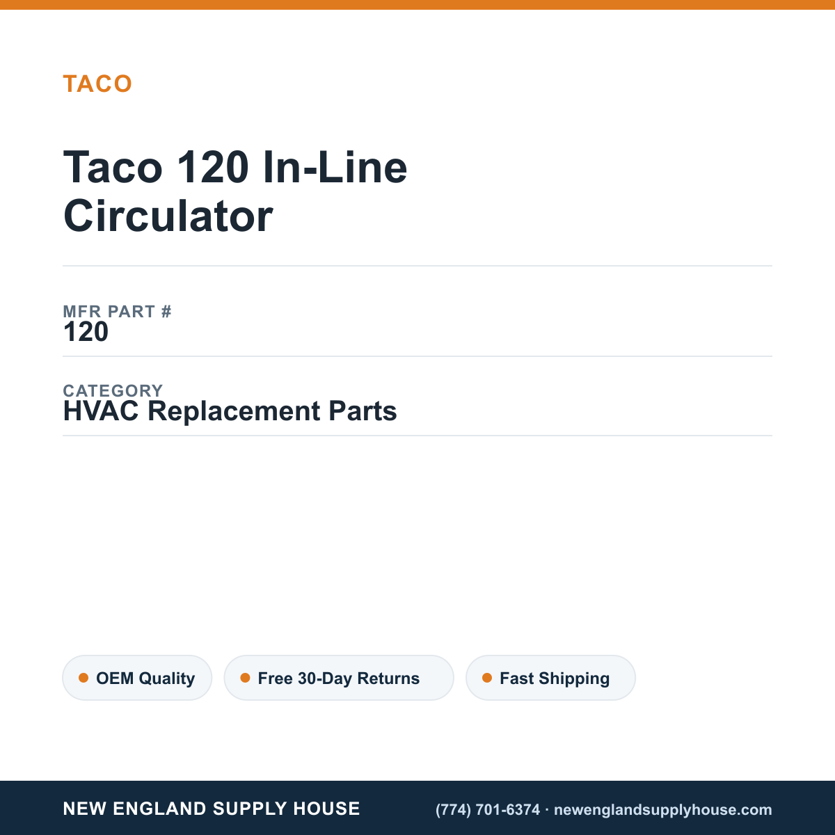 Taco 120 In-Line Circulator — New England Supply House spec card [NESH-SPEC-CARD-V2]