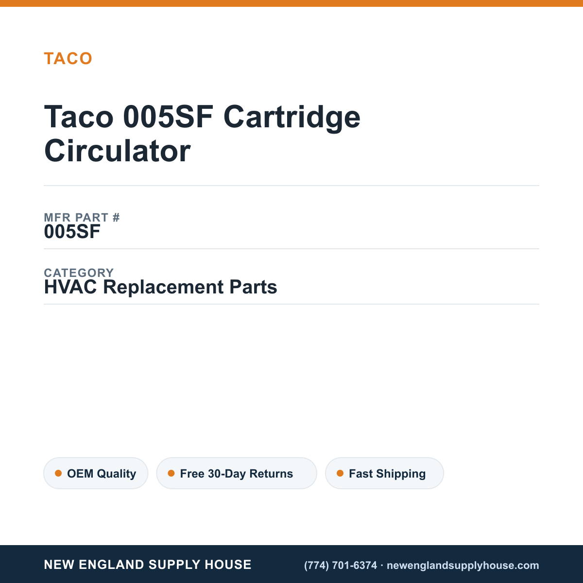 Taco 005SF Cartridge Circulator — New England Supply House spec card [NESH-SPEC-CARD-V2]