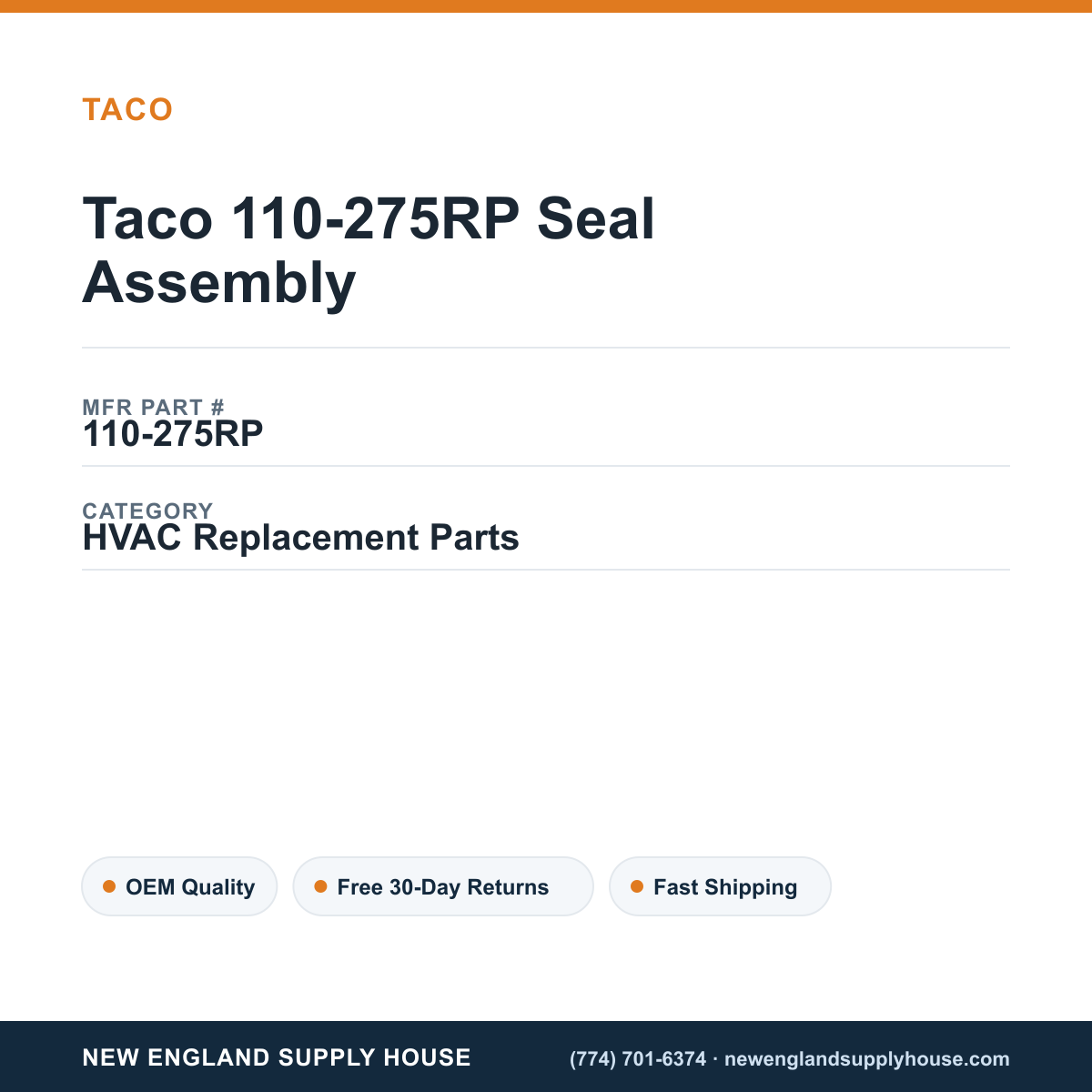 Taco 110-275RP Seal Assembly — New England Supply House spec card [NESH-SPEC-CARD-V2]