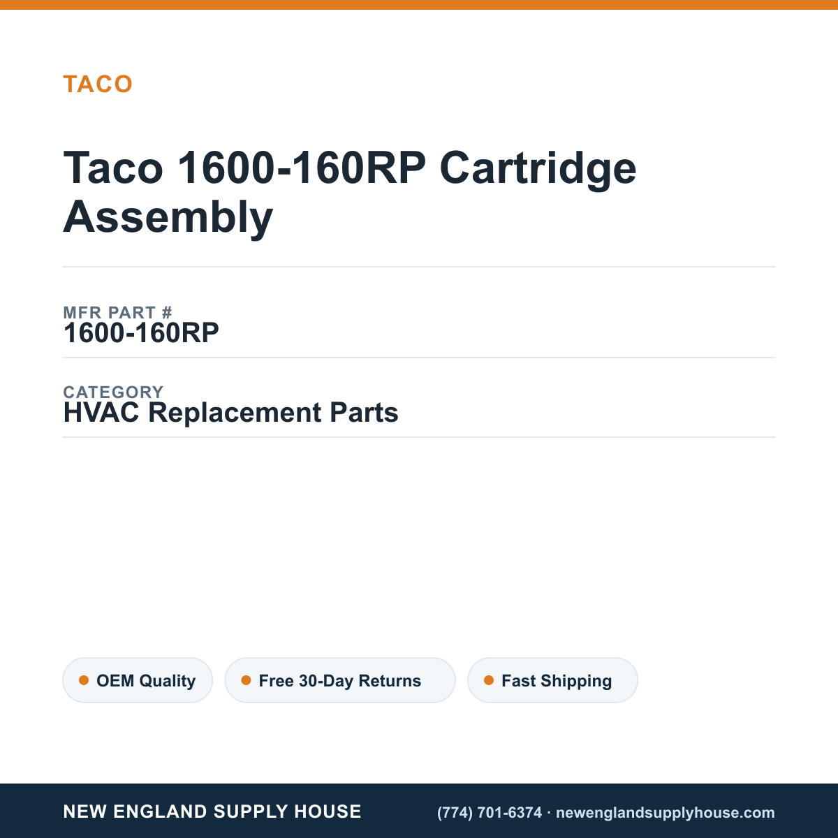 Taco 1600-160RP Cartridge Assembly — New England Supply House spec card [NESH-SPEC-CARD-V2]
