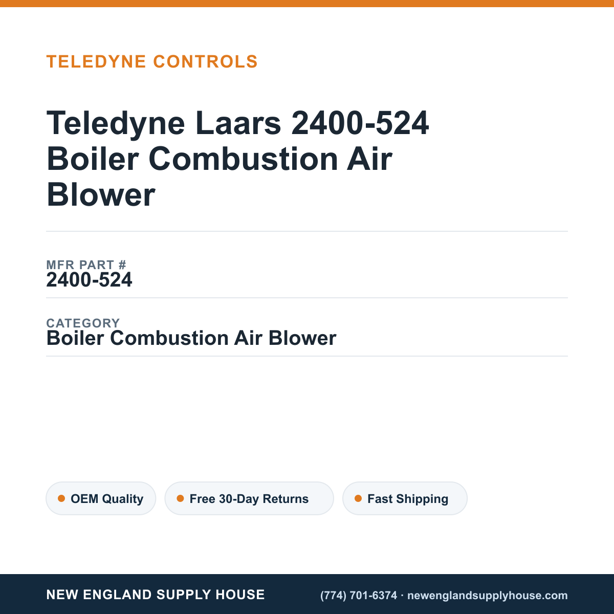 Teledyne Laars 2400-524 Boiler Combustion Air Blower — New England Supply House spec card [NESH-SPEC-CARD-V2]