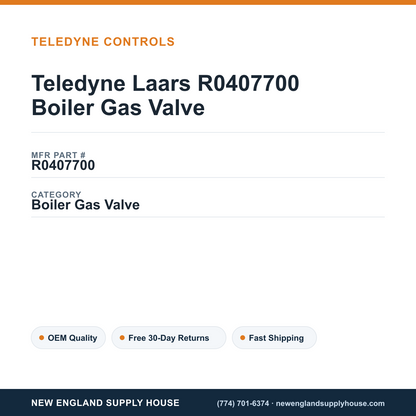Teledyne Laars R0407700 Boiler Gas Valve — New England Supply House spec card [NESH-SPEC-CARD-V2]
