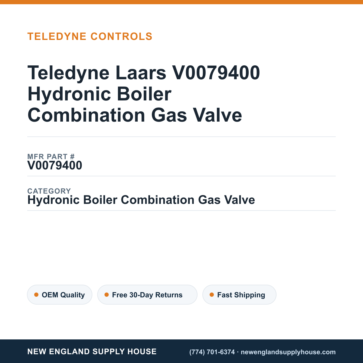 Teledyne Laars V0079400 Hydronic Boiler Combination Gas Valve — New England Supply House spec card [NESH-SPEC-CARD-V2]