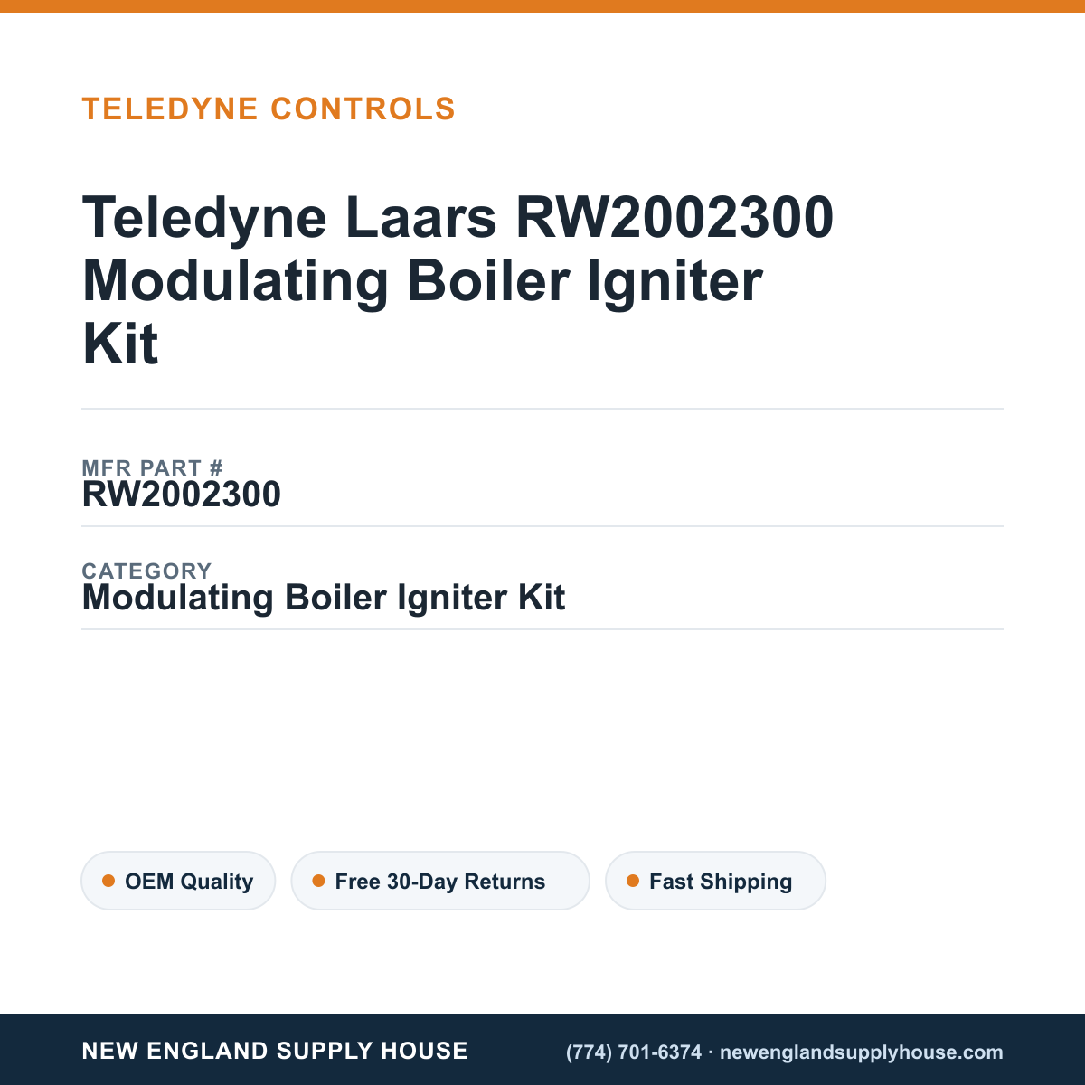 Teledyne Laars RW2002300 Modulating Boiler Igniter Kit — New England Supply House spec card [NESH-SPEC-CARD-V2]