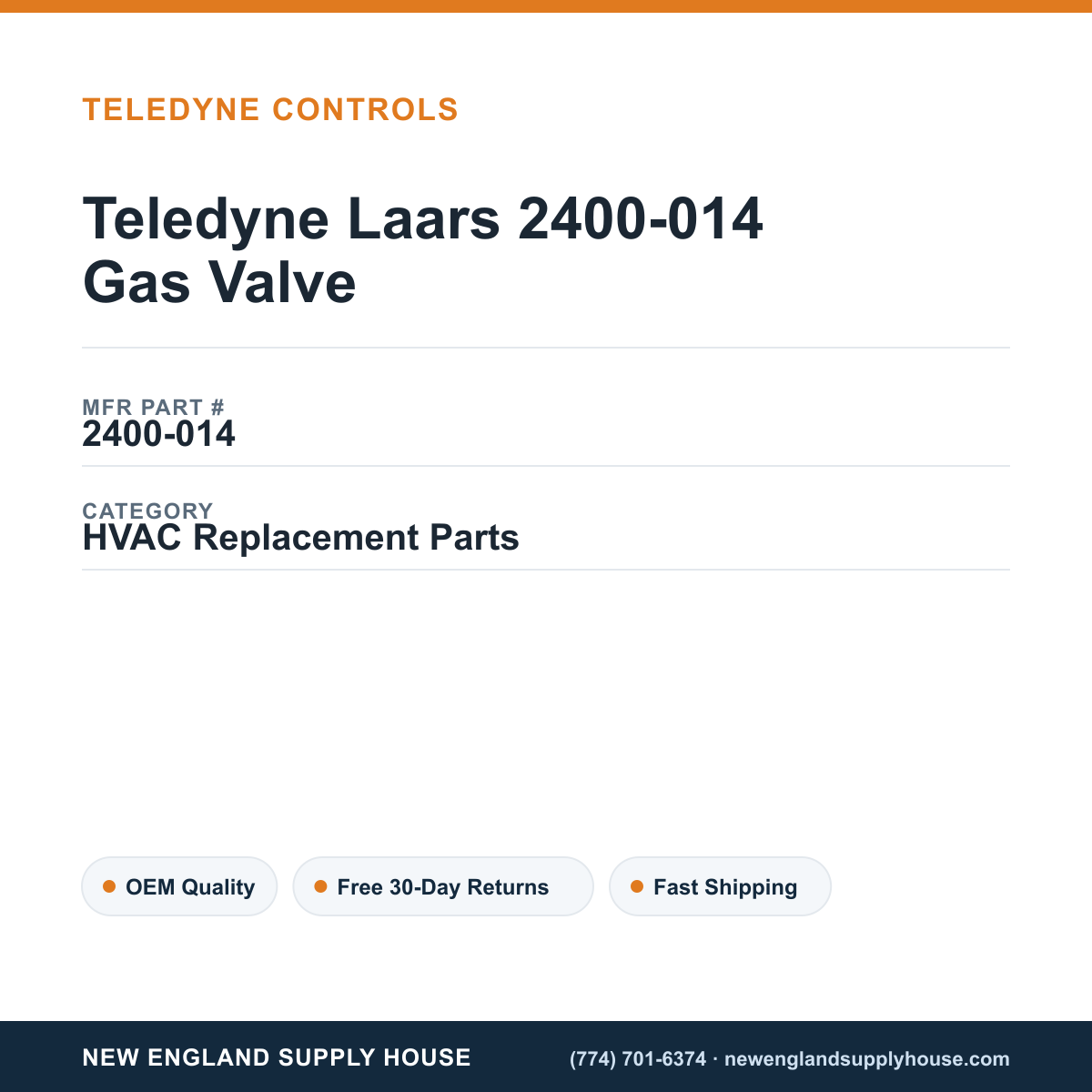 Teledyne Laars 2400-014 Gas Valve — New England Supply House spec card [NESH-SPEC-CARD-V2]