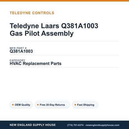 Teledyne Laars Q381A1003 Gas Pilot Assembly — New England Supply House spec card [NESH-SPEC-CARD-V2]