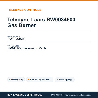 Teledyne Laars RW0034500 Gas Burner — New England Supply House spec card [NESH-SPEC-CARD-V2]