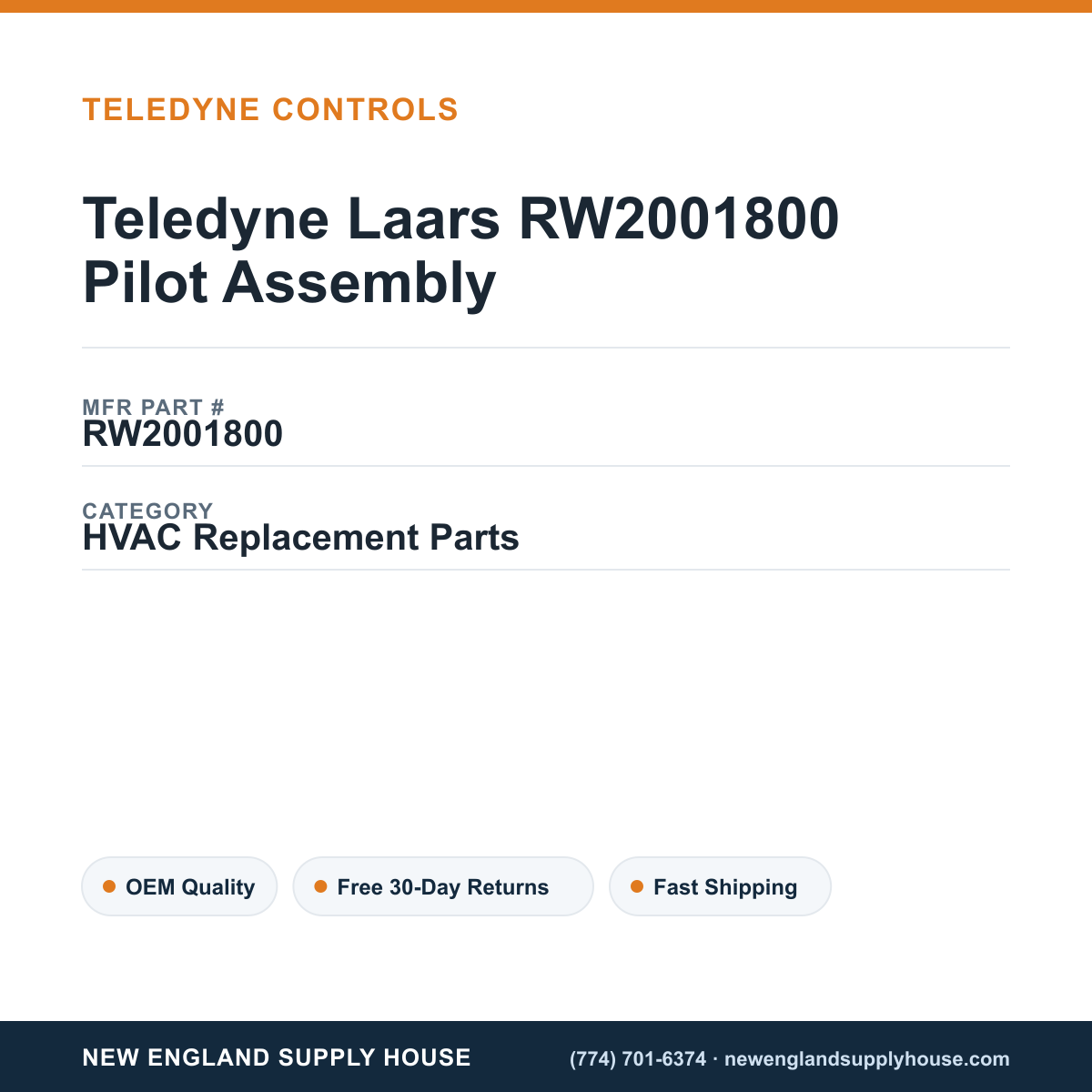 Teledyne Laars RW2001800 Pilot Assembly — New England Supply House spec card [NESH-SPEC-CARD-V2]