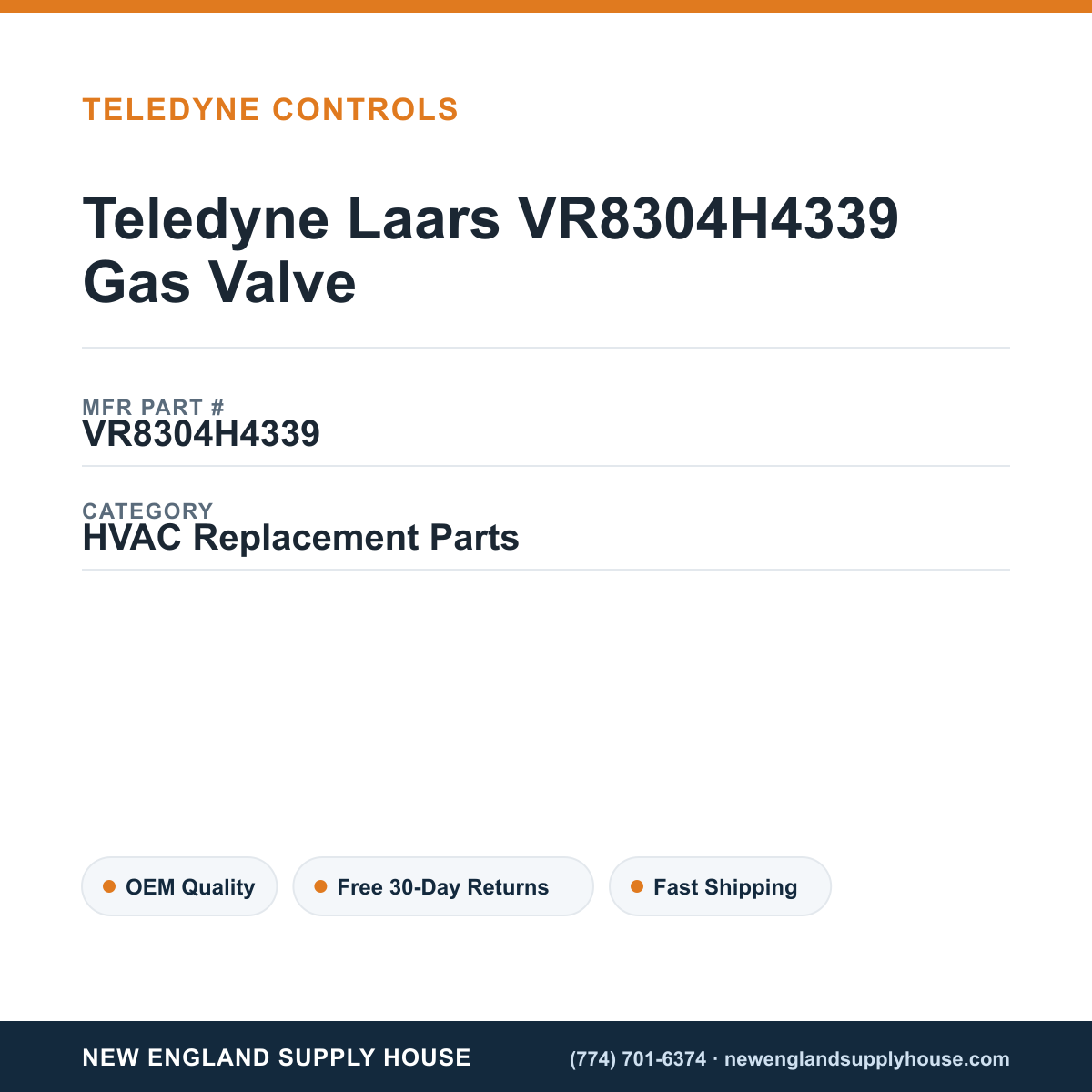 Teledyne Laars VR8304H4339 Gas Valve — New England Supply House spec card [NESH-SPEC-CARD-V2]