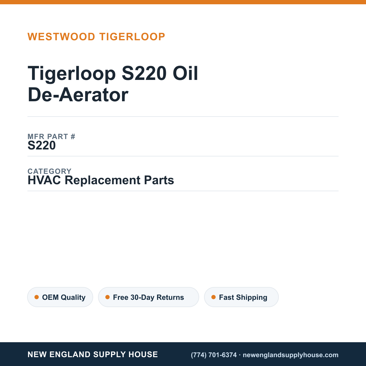 Tigerloop S220 Oil De-Aerator — New England Supply House spec card [NESH-SPEC-CARD-V2]