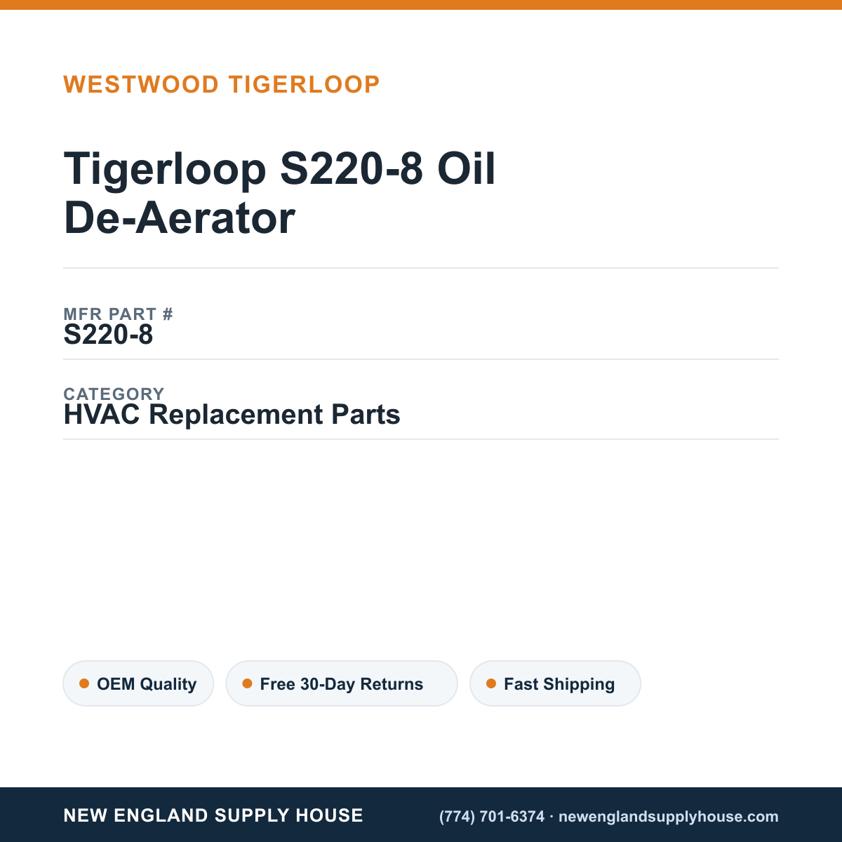 Tigerloop S220-8 Oil De-Aerator — New England Supply House spec card [NESH-SPEC-CARD-V2]