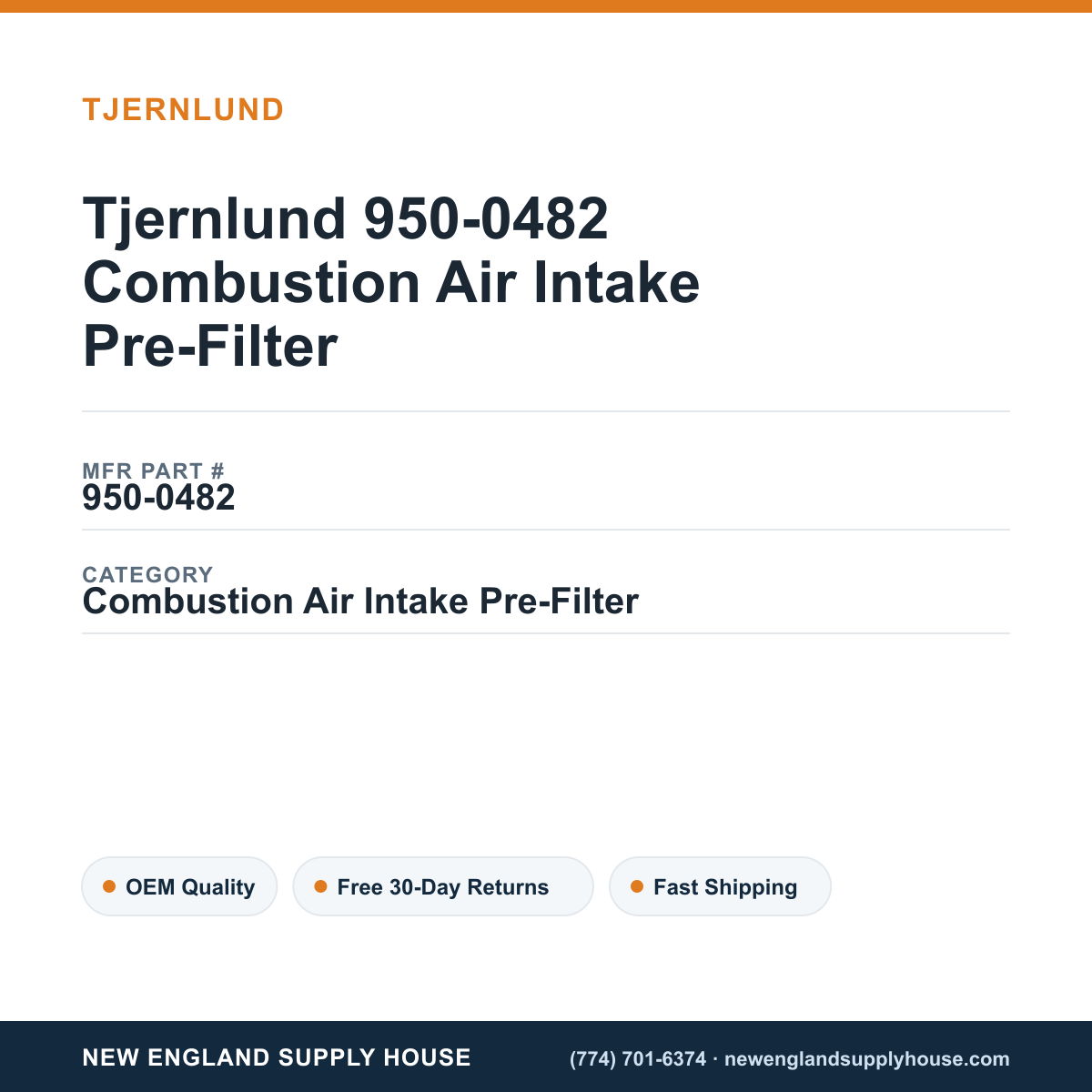 Tjernlund 950-0482 Combustion Air Intake Pre-Filter — New England Supply House spec card [NESH-SPEC-CARD-V2]