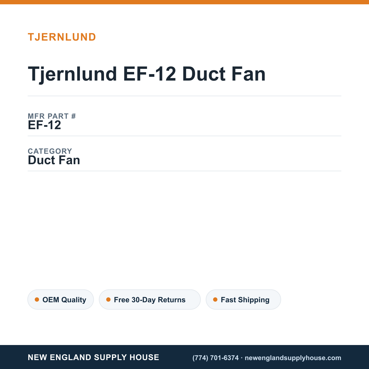 Tjernlund EF-12 Duct Fan — New England Supply House spec card [NESH-SPEC-CARD-V2]