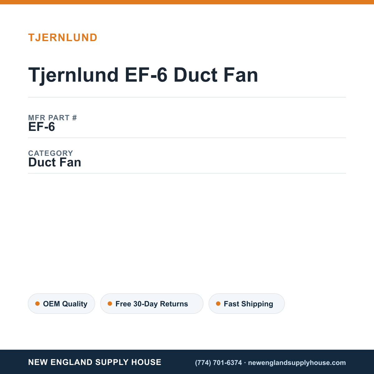 Tjernlund EF-6 Duct Fan — New England Supply House spec card [NESH-SPEC-CARD-V2]
