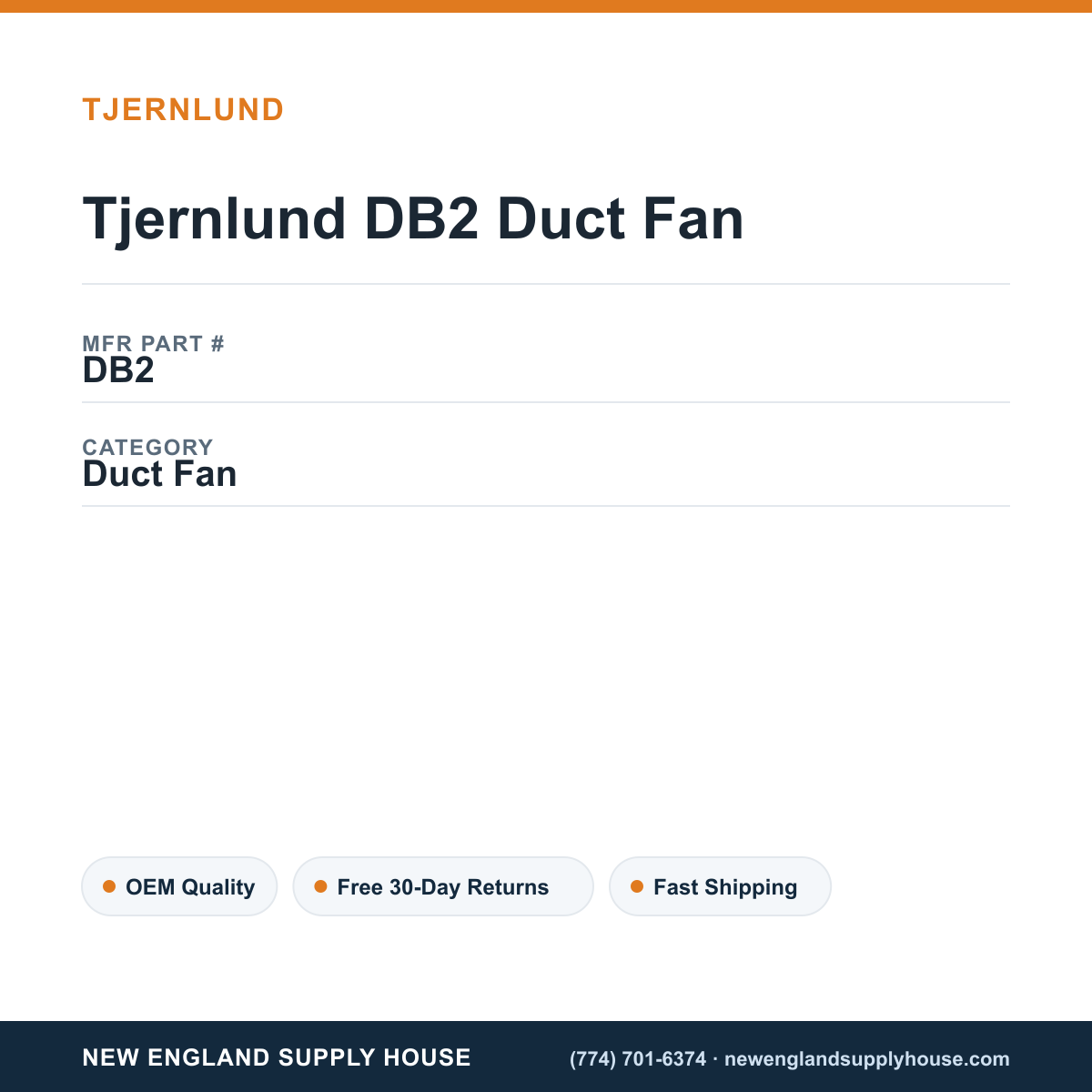 Tjernlund DB2 Duct Fan — New England Supply House spec card [NESH-SPEC-CARD-V2]